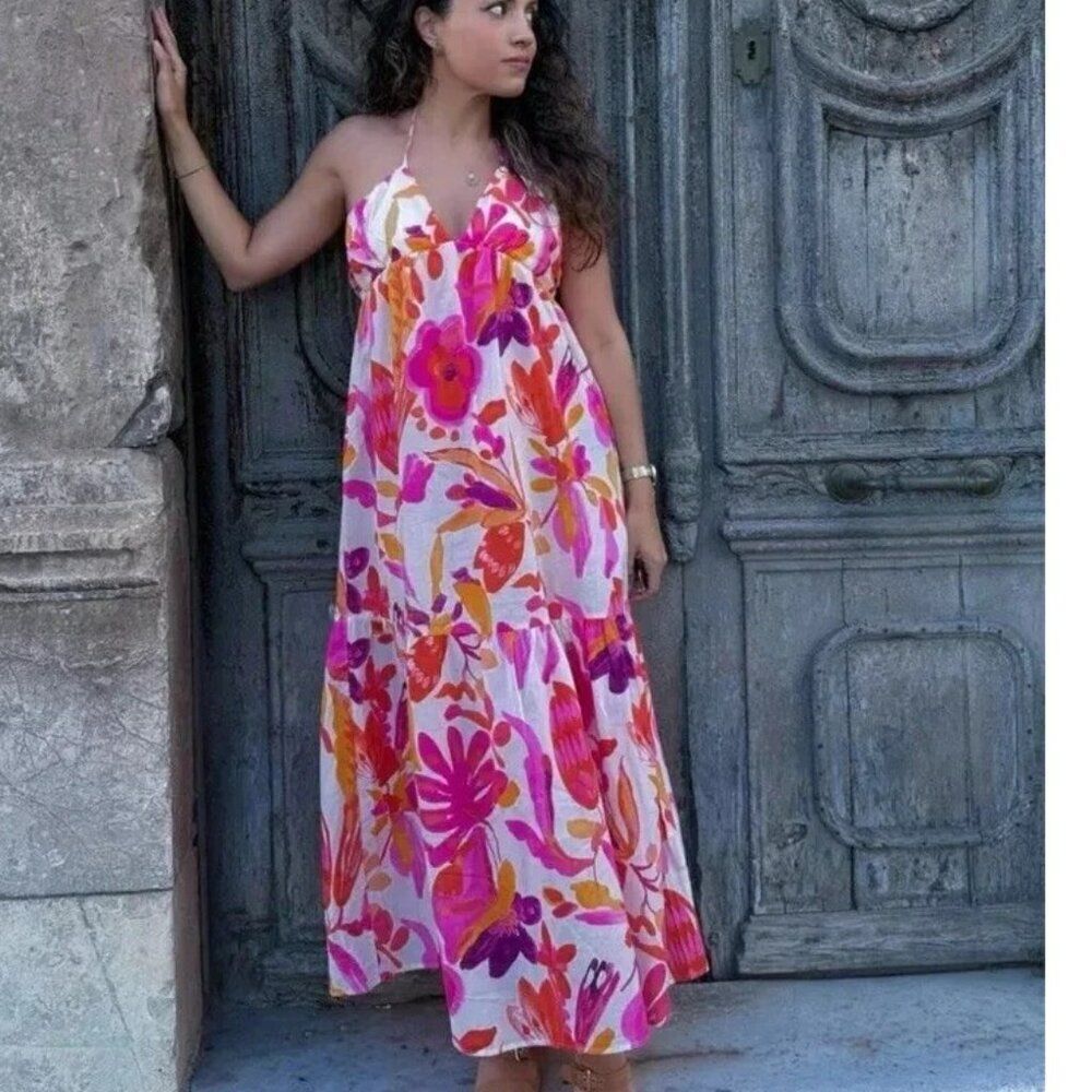Zara Womens Midi Dress Medium M Pink orange Floral Tiered A-Line 2298/106 NWT